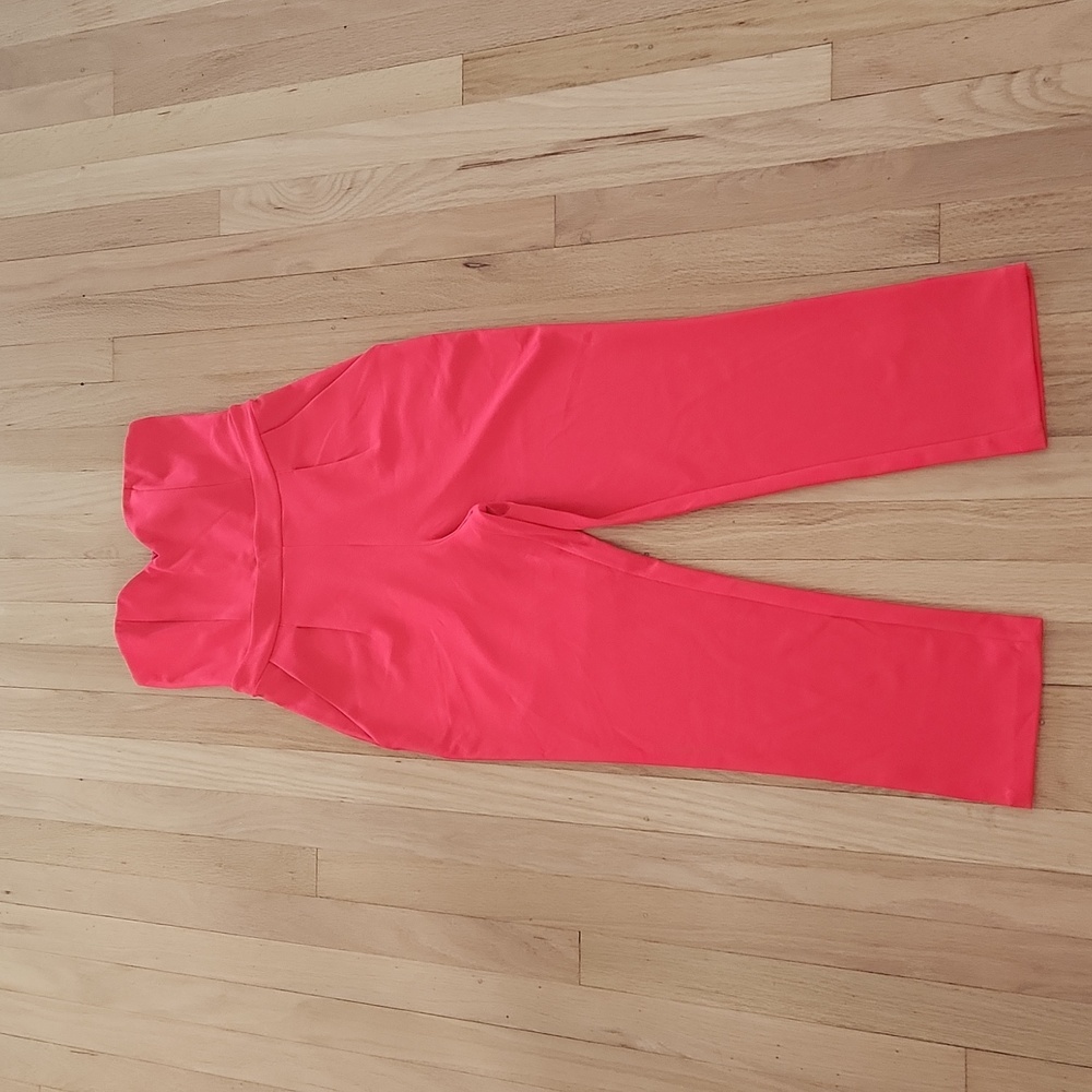 Neon Coral Stretch Sweetheart Neck Strapless Pocketed Express Jumpsuit
